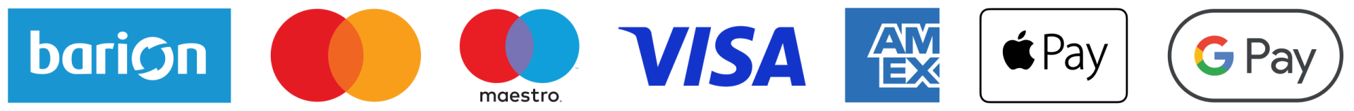 Fizetési módok: Barion, Mastercard, Visa, Apple Pay, GPay